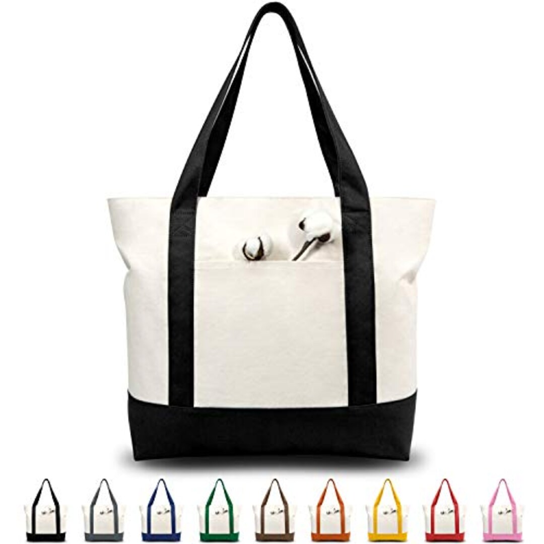 TOPDesign Stylish Canvas Tote Bag with an External Pocket, Top Zipper Closure, Daily Essentials (Black/Natural Pack of 1)